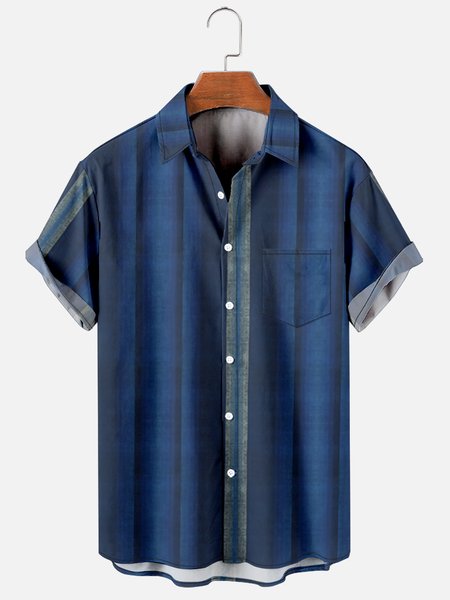 

Hawaiian Retro Striped Men's Casual Short-sleeved Shirt, Blue, Men's Floral shirt