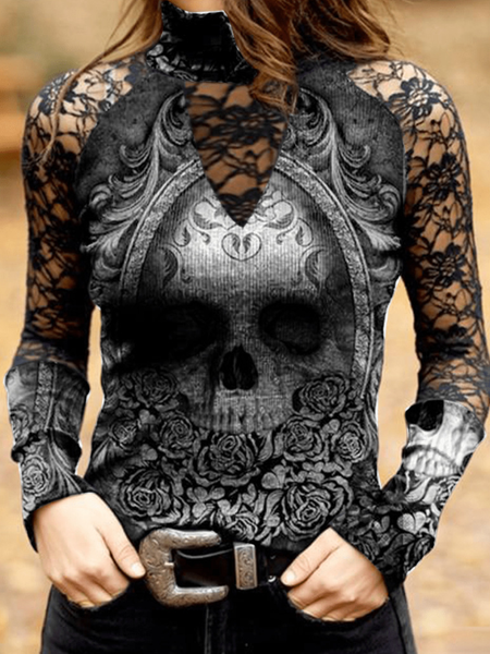 

Lace Skull Sexy Stand Collar Long Sleeve Tops, Black, Tops