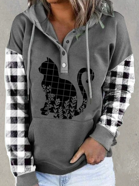 

Long sleeve round neck V-neck hooded geometric Plaid animal cat print top women's sweater, Gray, Sweatshirts & Hoodies