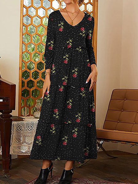 

Floral Print Casual V Neck Long Sleeve Holiday Mixi Dresses, Black, Floral Dresses