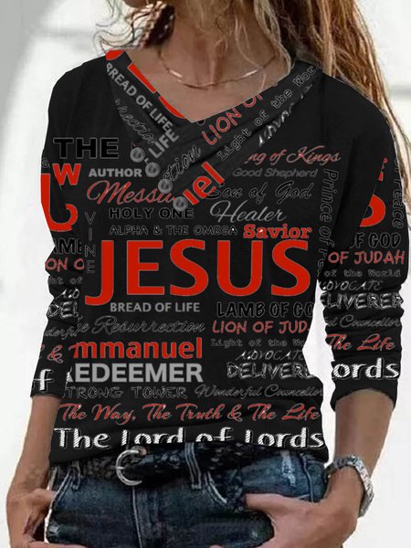 

Long Sleeve Plus Size Printed Tops T-shirts, Black, T-Shirts