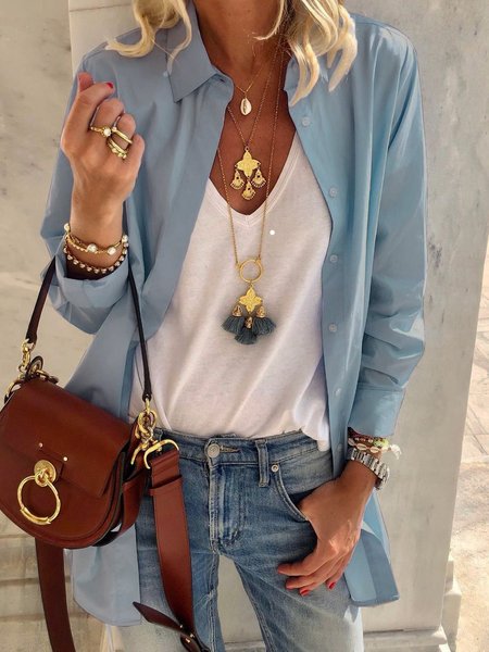 

Solid Loosen Casual Shirts & Tops, Blue, Blouses & Shirts