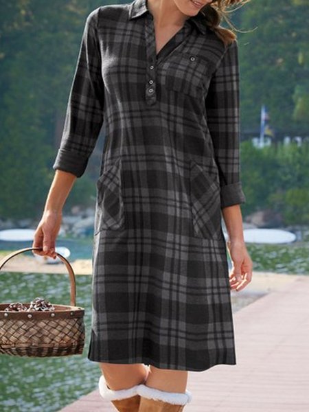 

Casual Buttoned Geometric Pockets Dresses, Deep gray, Casual Dresses