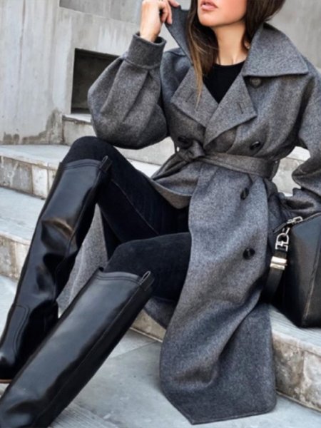 

Elegant Lapel Long Sleeve Solid Outerwear, Gray, Coats