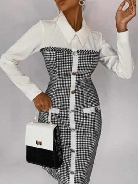 

Spring A-line Grid Work Formal Date Shirt Collar Dresses, Black-white, Midi Dresses