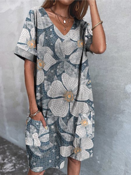 

Sweet Floral Loosen V Neck Short Sleeve Midi Dresses, Denim blue, Mini Dresses