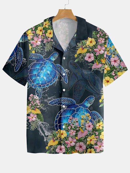 

Vintage Turtle Hawaiian Short Sleeve Shirt, As picture, Men's Floral shirt
