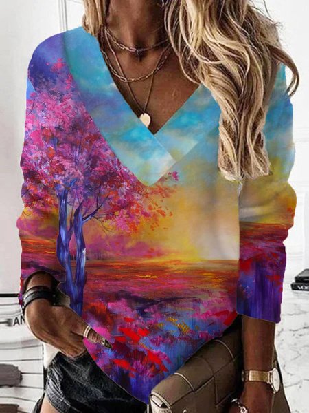 

Landscape Print V Neck Long Sleeve Loosen Shirts & Tops, Multicolor, Tops