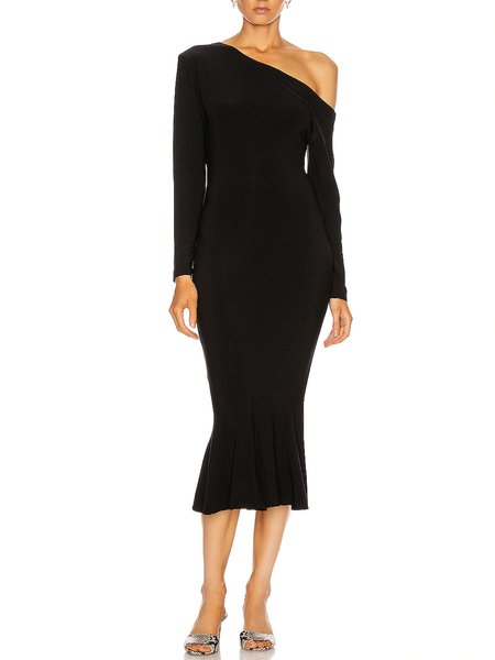 

Solid Lady Long Sleeve Midi Dress, Black, Midi Dresses