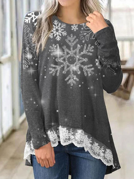 

Snowflake Loosen Crew Neck Lace Shirts & Tops, Gray, Long sleeve tops