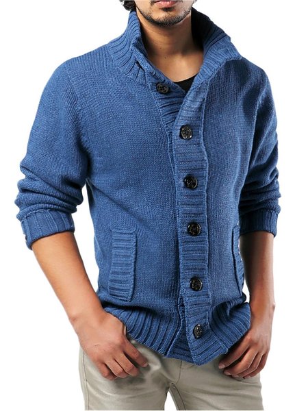 

Men's Button Wool Blended Thick Long Sleeve Knitted Coat, Denim blue, Outerwear