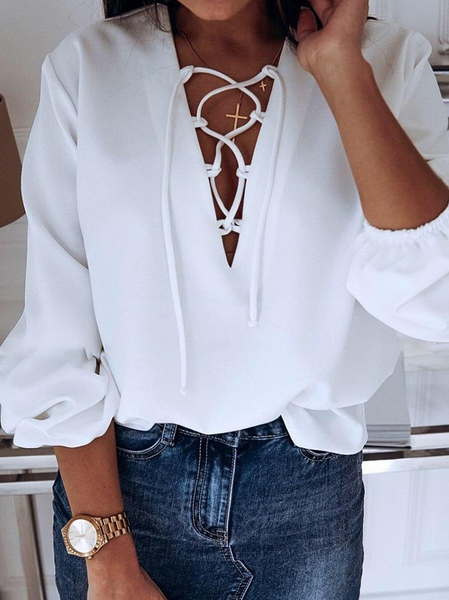 

Elegant Bishop Sleeve Square Neck Loosen Shirts & Tops, White, Blouses & Shirts
