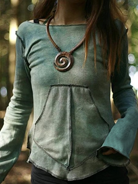 

Vintage Plain Long Sleeves Crew Neck Plus Size Casual Tops, Cyan, Tops