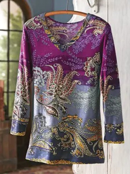 

Paisley Printed Long Sleeves V Neck Plus Size Casual Tops, Multicolor, T-Shirts