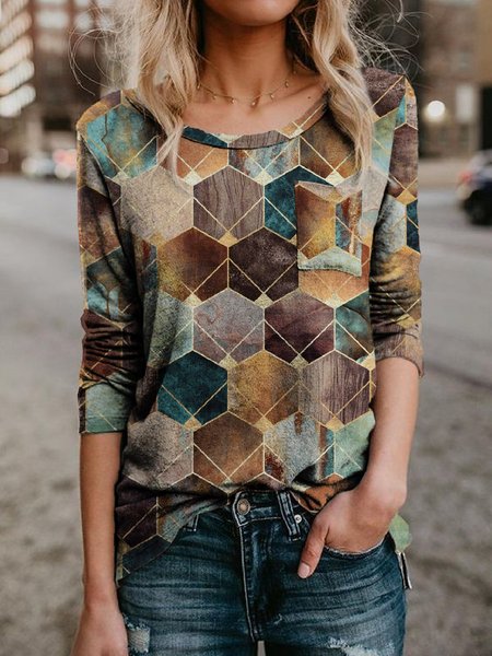 

Geometric Casual Round Neck Casual Long Sleeve Tops, As picture, T-Shirts