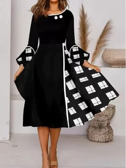 Casual Cotton Blends Grid Crew Neck Regular Fit Dresses, Black, Casual Dresses