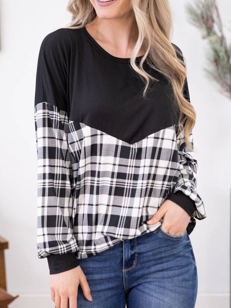 

Long Sleeve Plaid Casual Round Neck Tops, Black, Tops