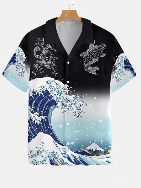 

Vintage Ukiyo-e Wave Hawaiian Short Sleeve Shirt, As picture, Men's Floral shirt