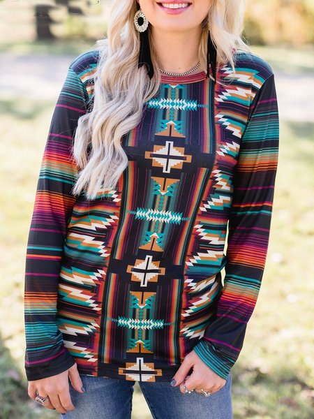 

West Styles/Cows Crew Neck Tribal Long Sleeve Shirts & Tops, As picture, T-Shirts