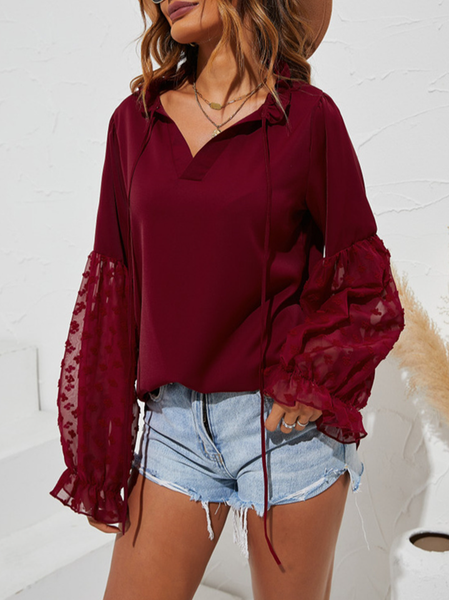 

V Neck Solid Shirts & Tops, Wine red, Long sleeve tops