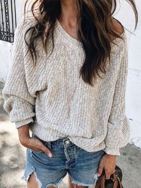 

Casual Solid Loosen Crew Neck Long Sleeve Sweater, As picture, Knitwear & Sweaters