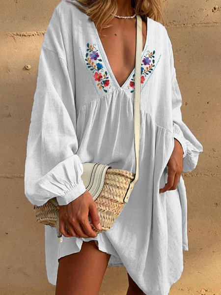 

Floral Bishop Sleeve V Neck Boho Mini Dresses, White, Mini Dresses