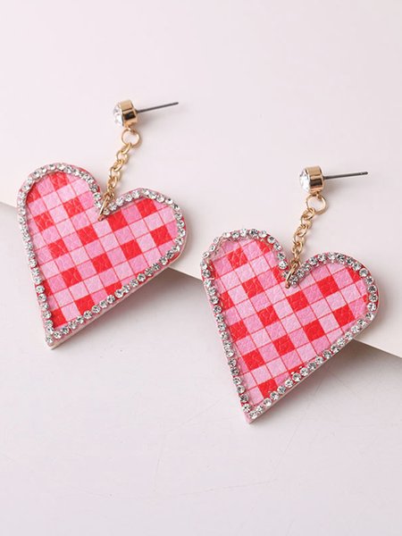 

Printed Leather Heart-Shaped Rhinestone Earrings, As picture, Earrings