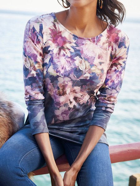 

Floral Print Loosen Crew Neck Long Sleeve Tops, Red-blue, Tops