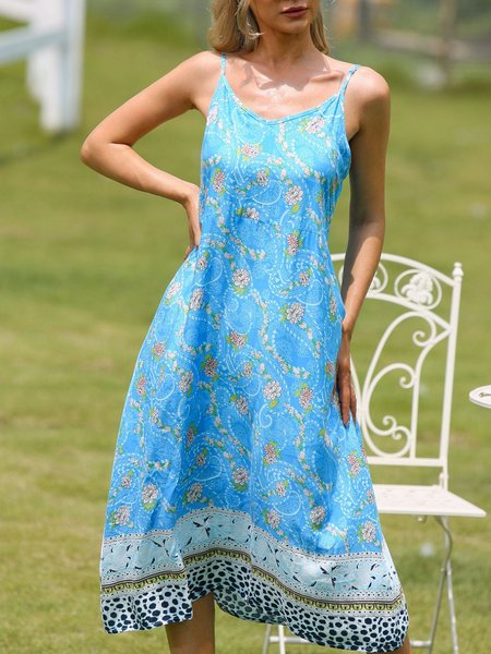 

Floral Spaghetti Loosen Dresses, Blue, Floral Dresses