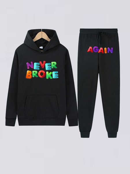 

Long Sleeve Letter Hooded Suits, Black, Two-pieces
