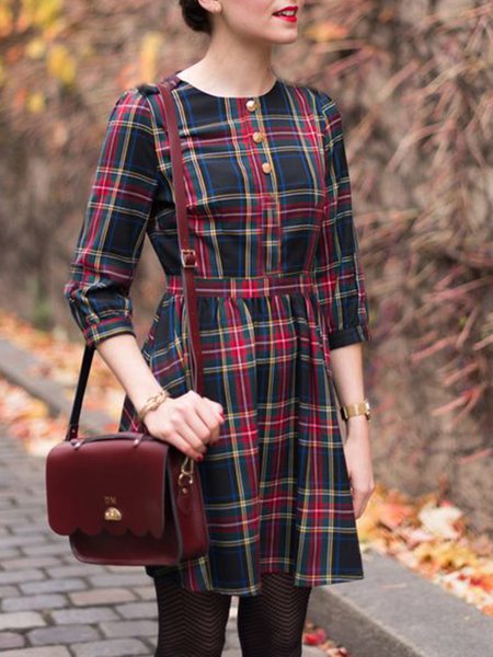 

Long Sleeve Round Neck Plaid Buttoned Dresses, Multicolor, Mini Dresses