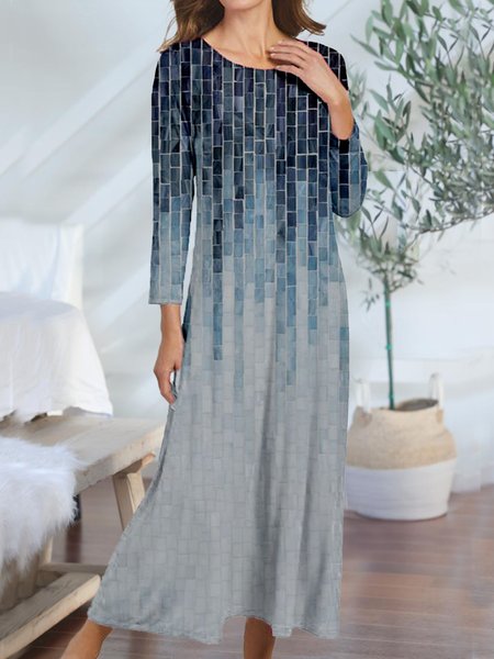 

Fashion Geometric Print Round Neck Long Sleeve Casual Maxi Dresses, Blue, Maxi Dresses