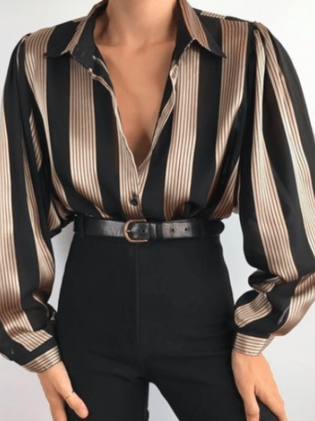 

Stripe Shirt Collar Work Formal Lightweight Long sleeve Tops, Blouses and Shirts