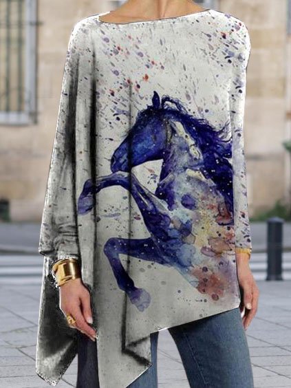 

Horse Printed Crew Neck Off Shoulder Long Sleeve Shirts & Tops, Light gray, Tops