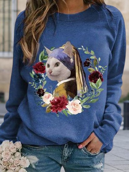 

Cat Printed Raglan Sleeve Crew Neck Long Sleeve Sweatshirt, Blue, Sweatshirts & Hoodies