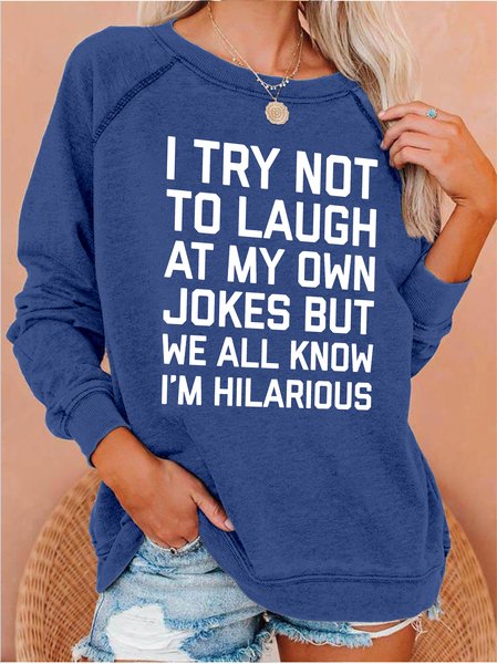 

Funny text print round neck long-sleeved sweatshirt, Blue, Hoodies&Sweatshirts