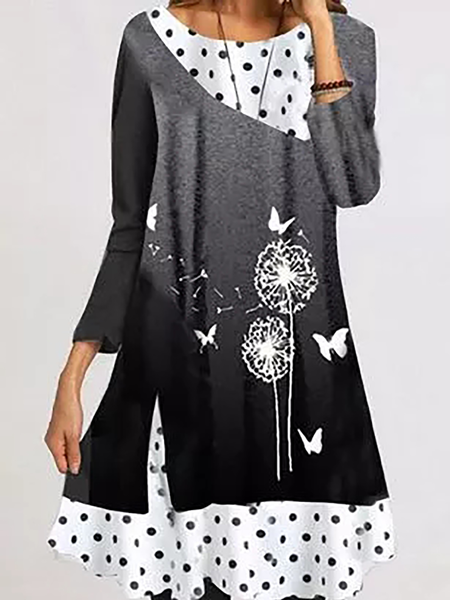 

Cotton Blends Crew Neck Casual Dresses, Deep gray, Casual Dresses
