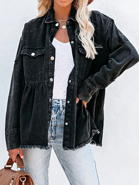 

Casual Solid Loosen Denim Jacket, Black, Coats & Jackets