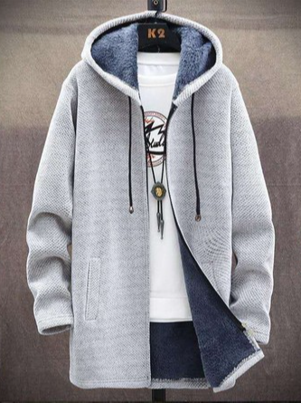 

Hooded plus fleece mid-length woolen coat, Light gray, Jacket