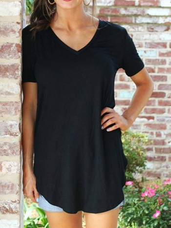 

Plain V Neck Short sleeve T-shirt, Black, T-Shirts