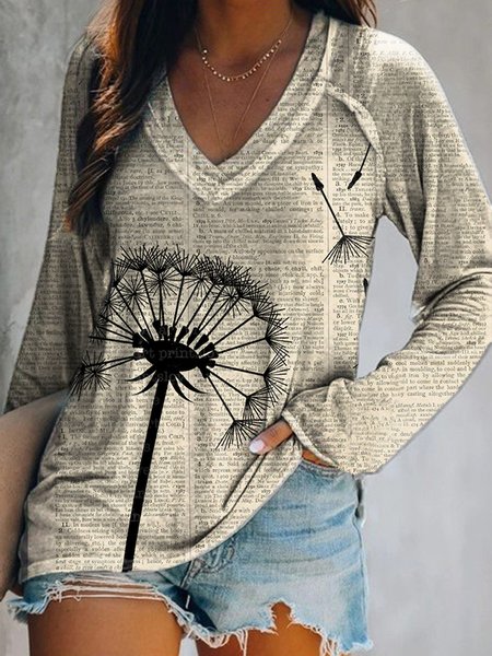 

Casual Plants V Neck Long Sleeve Shirts & Tops, Khaki, T-Shirts