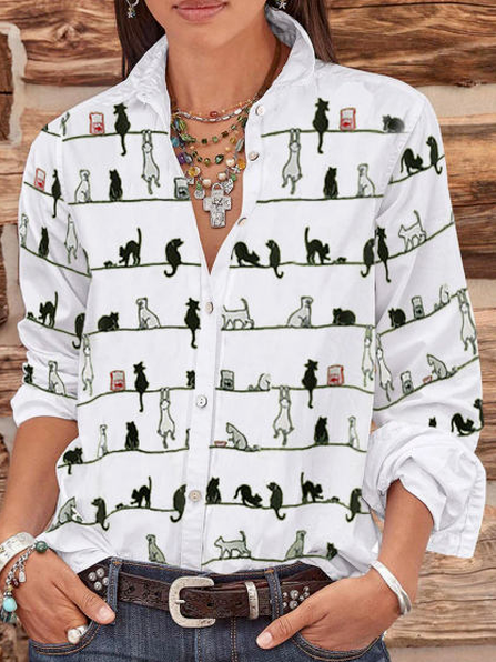 

Cat Print Cotton Blends Shirts & Tops, White, Shirts & Blouses