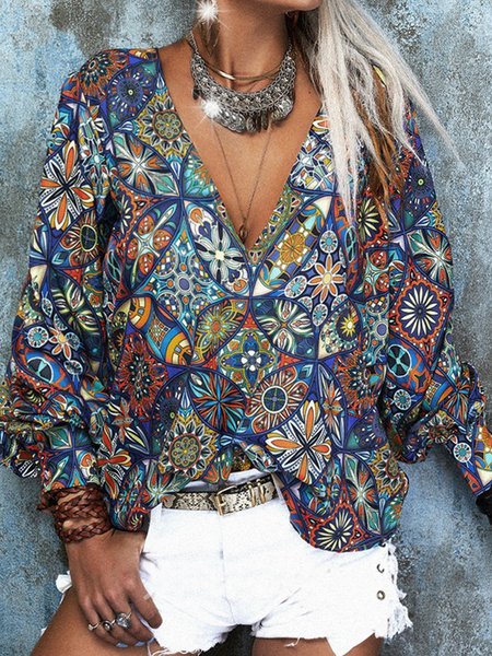 

Boho V neck Tribal Long Sleeve Shirts & Tops, As picture, Tops