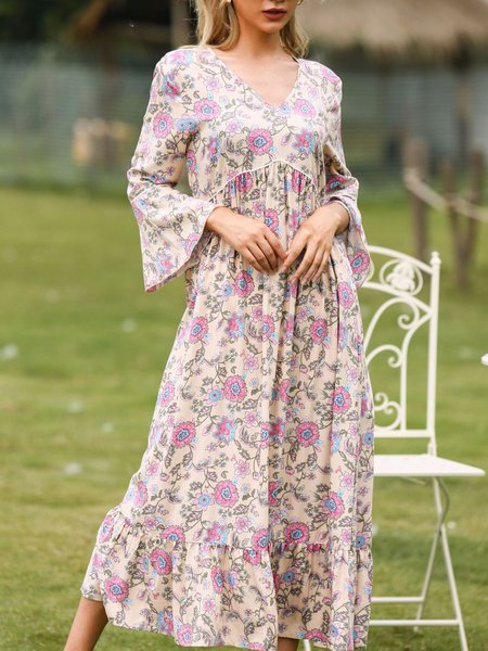 

Vacation Regular Fit V Neck Dresses, As picture, Floral Dresses