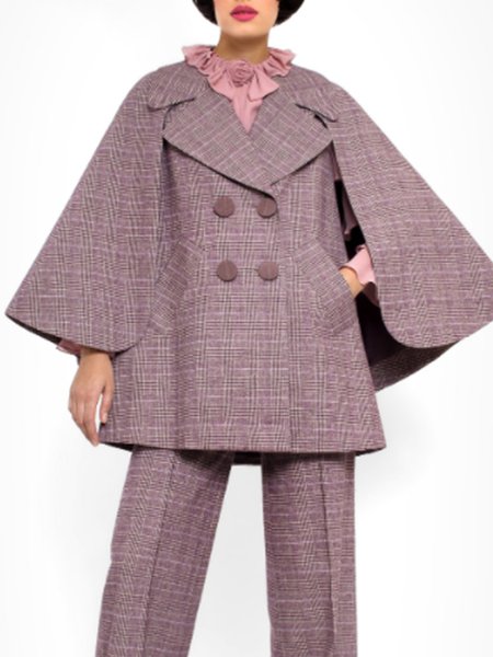 

Vintage Casual Simple Flat Collar Grid Outerwear, Pink, Coats