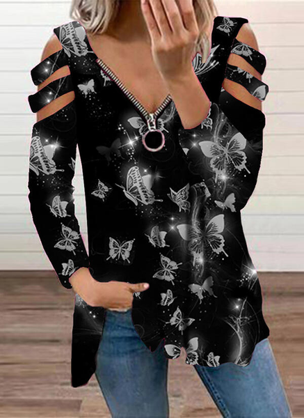 

Butterfly V Neck Zipper Casual Long Sleeve Shirts & Tops, Black, T-Shirts