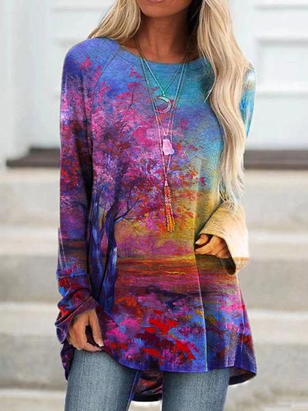 

Landscape Print Long Sleeve Casual Crew Neck Shirts & Tops, Multicolor, T-Shirts