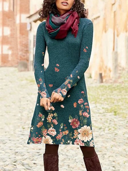 

Floral Regular Fit Crew Neck Dresses, Blue, Floral Dresses