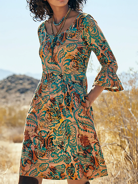 

Casual Paisley Print Round Neck Mini Dresses, Multicolor, Boho dresses