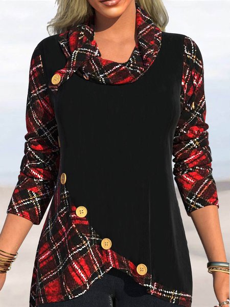 

Casual Plaid Cowl Neck Long Sleeve Tops, Black-red, Tops